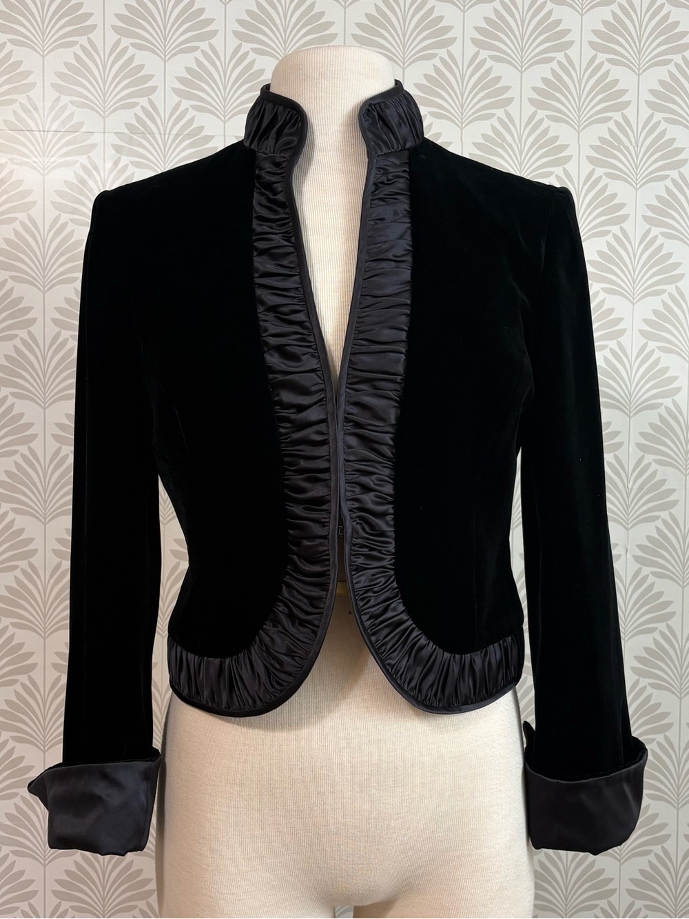 Lafayette 148 New York Black Velvet Jacket with Silk Ruffle Trim